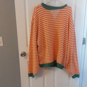 We The Free Vibrant Orange and Green Oversized Striped Crew